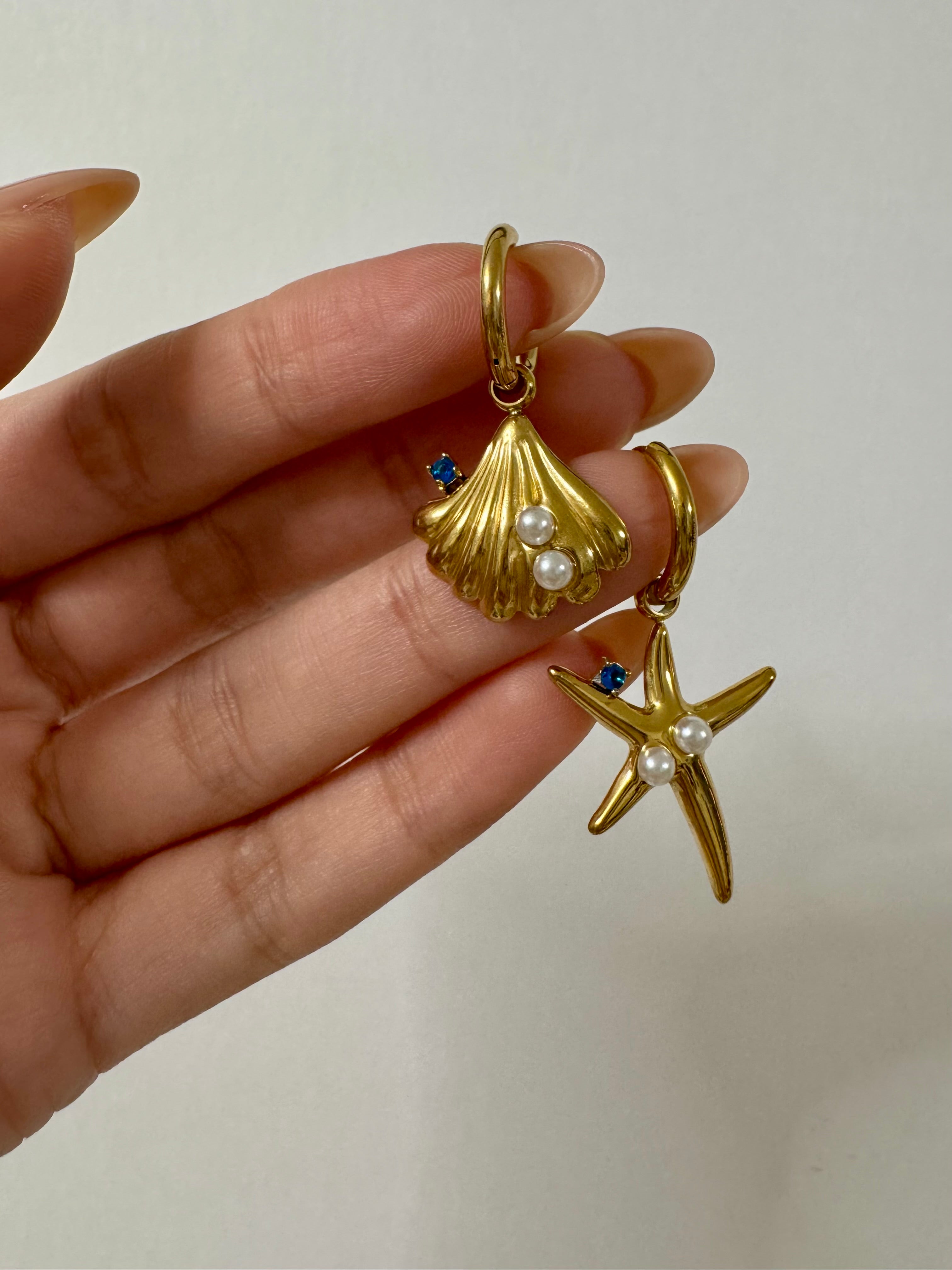 From the Blue Sea | Seashell and Starfish Blue Pearl Huggies Earrings | Blue Collection