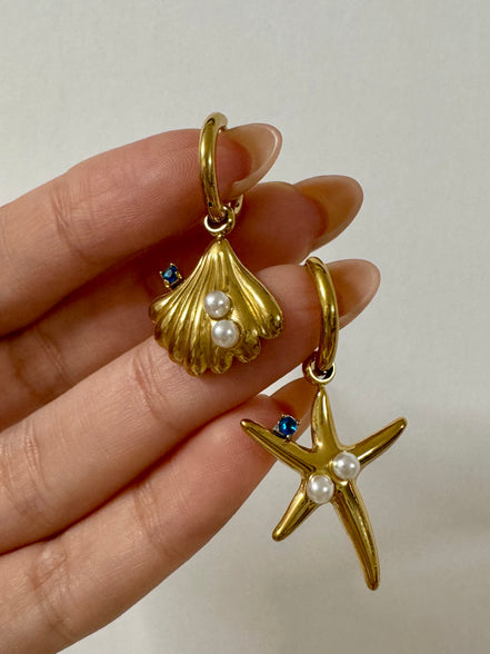 From the Blue Sea | Seashell and Starfish Blue Pearl Huggies Earrings | Blue Collection