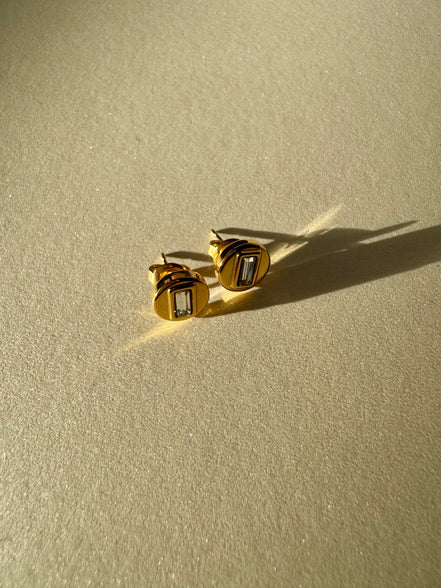 Luna | Gold Circle with Rectangle Diamond Stud Earrings