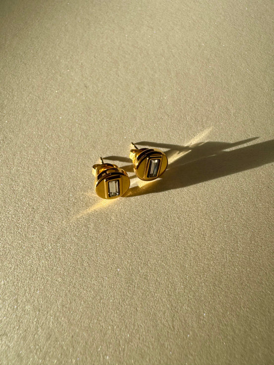 Luna | Gold Circle with Rectangle Diamond Stud Earrings