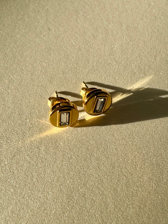 Luna | Gold Circle with Rectangle Diamond Stud Earrings