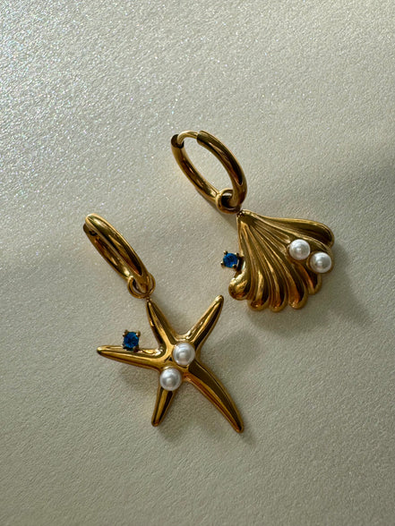 From the Blue Sea | Seashell and Starfish Blue Pearl Huggies Earrings | Blue Collection