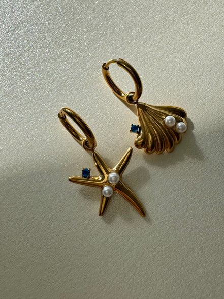 From the Blue Sea | Seashell and Starfish Blue Pearl Huggies Earrings | Blue Collection