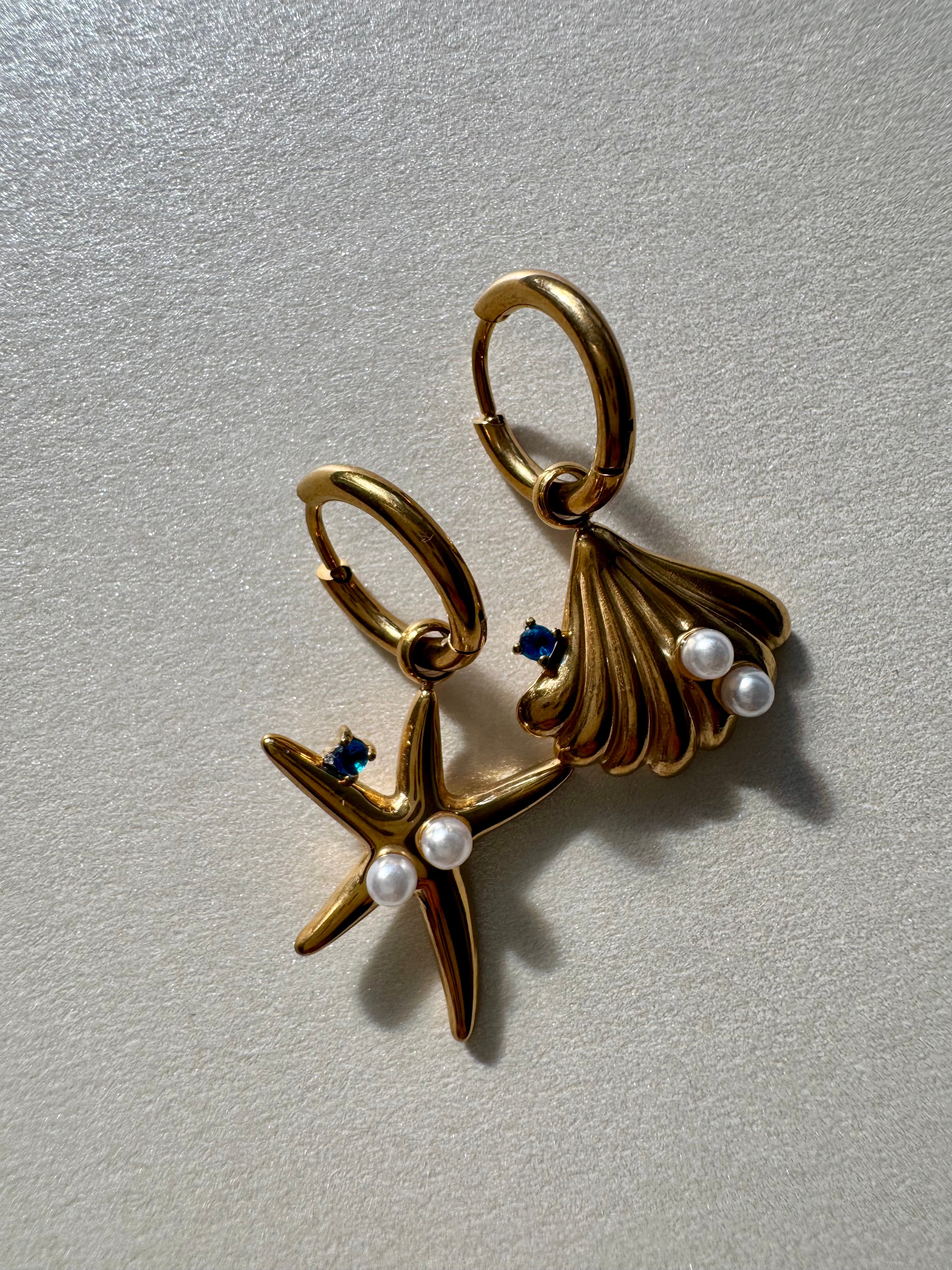 From the Blue Sea | Seashell and Starfish Blue Pearl Huggies Earrings | Blue Collection