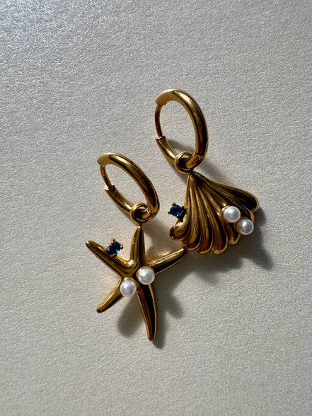 From the Blue Sea | Seashell and Starfish Blue Pearl Huggies Earrings | Blue Collection