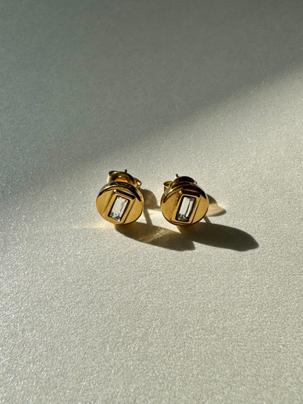 Luna | Gold Circle with Rectangle Diamond Stud Earrings