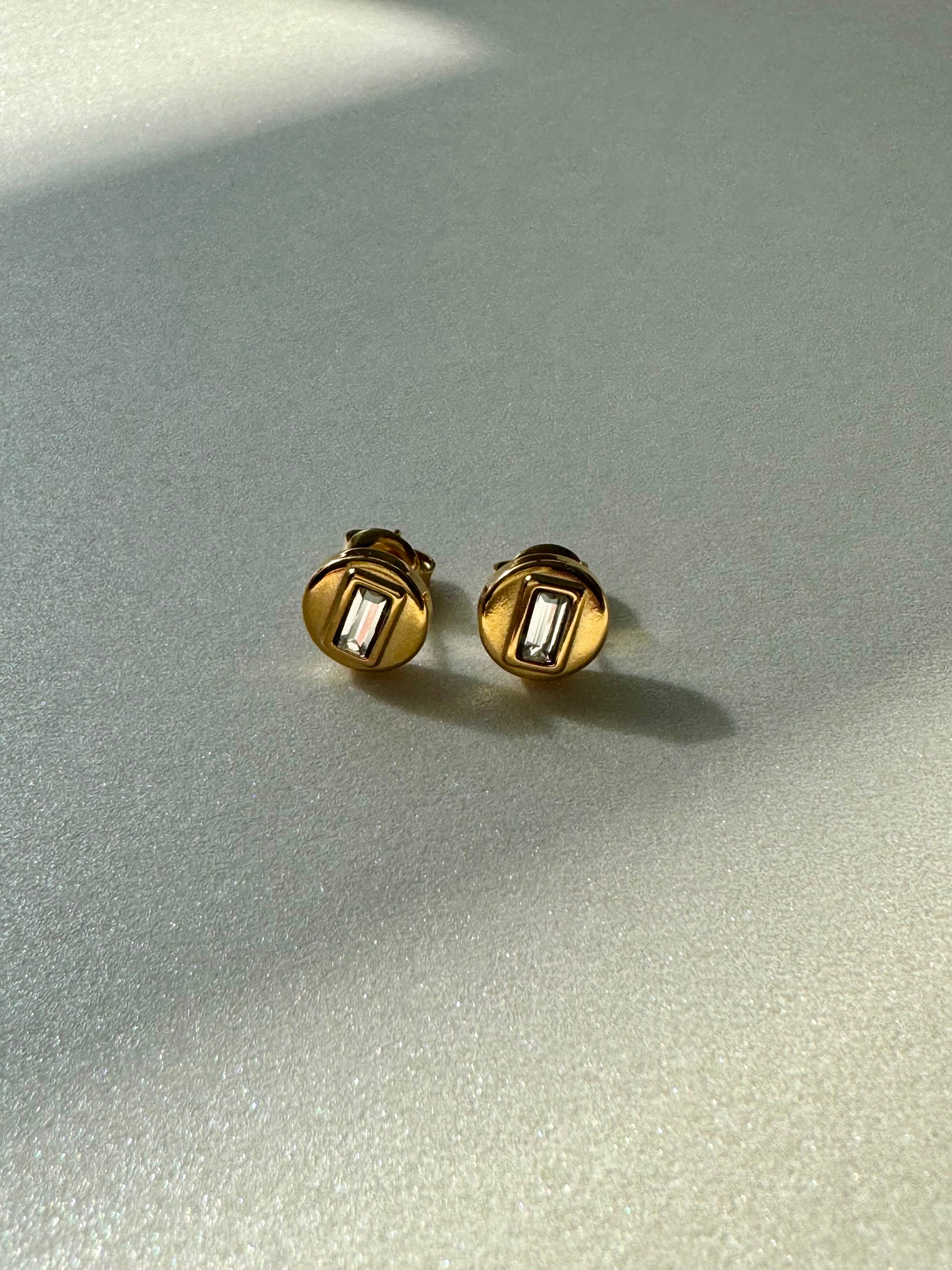 Luna | Gold Circle with Rectangle Diamond Stud Earrings